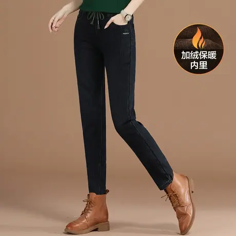 韩潮袭人松紧腰刺绣加绒牛仔裤女2023冬季新款显瘦小脚哈伦长裤子图片