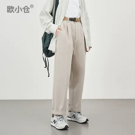 欧小仓芝士系列山系针织棉感双褶十分阔腿裤 city girl翻边工装裤商品大图