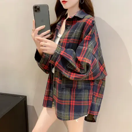 格子防晒衬衣女网红宽松设计感上衣服潮复古港味外套2023夏季衬衫图片