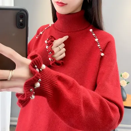 高领毛衣女钉珠打底衫2023秋冬新款套头荷叶边针织衫内搭厚上衣潮商品大图