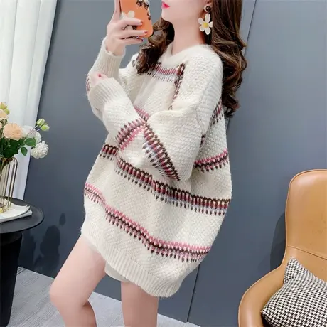 温柔风软糯圆领条纹毛衣女秋冬新款韩版宽松显瘦时尚百搭针织上衣图片