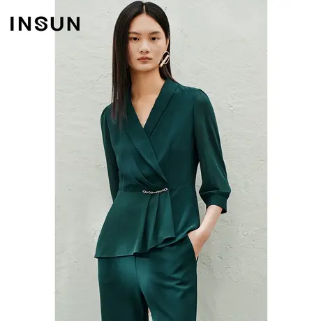 INSUN恩裳线上专选夏季拼接泡泡袖收腰X型衬衫图片