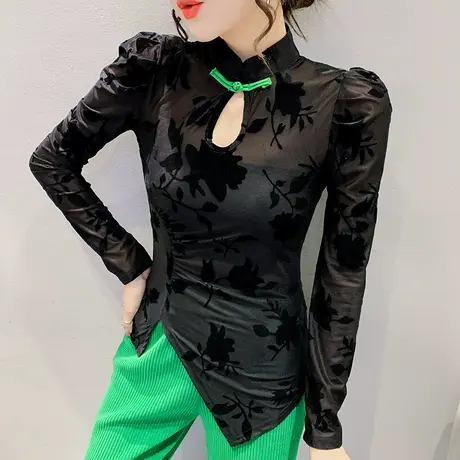 复古中国风上衣女设计感盘扣网纱T恤长袖春秋开叉不规则打底衫潮商品大图