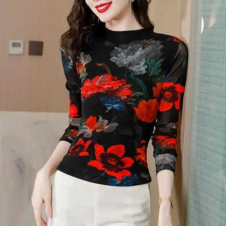 2024初秋新款网纱打底衫女长袖内搭气质印花上衣设计感半高领T恤图片