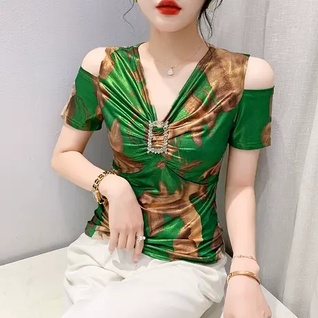欧货烫金印花T恤女短袖性感露肩V领上衣夏季别致洋气紧身小衫体恤图片