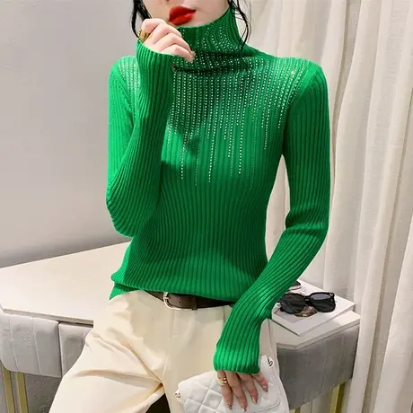 欧货烫钻钉珠拼接T恤女长袖性感高领针织衫洋气套头加厚打底衫ins商品大图