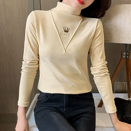 德绒半高领打底衫女加绒内搭春秋冬百搭2023年新款洋气t恤女上衣商品大图