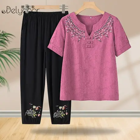 妈妈装夏装2023新款短袖t恤中老年女两件套宽松老人衣服奶奶上衣图片