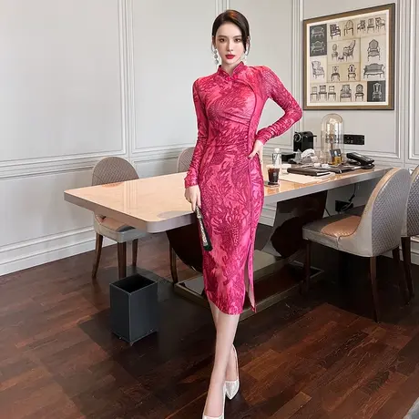 国风复古印花年轻款盘扣改良旗袍女气质修身包臀开叉连衣裙日常款图片