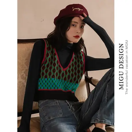 弥古复古针织马甲女小个子女秋冬叠穿短款v领毛线背心费尔岛毛衣商品大图