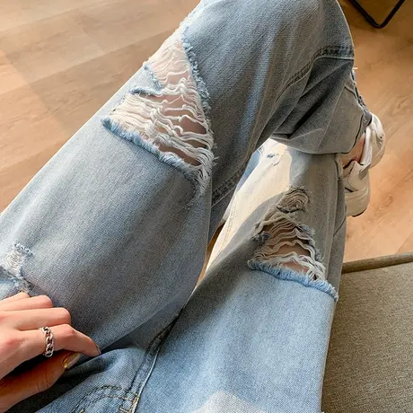 破洞牛仔裤女春夏季2023年新款卷边高腰显瘦九分老爹显瘦直筒裤子图片
