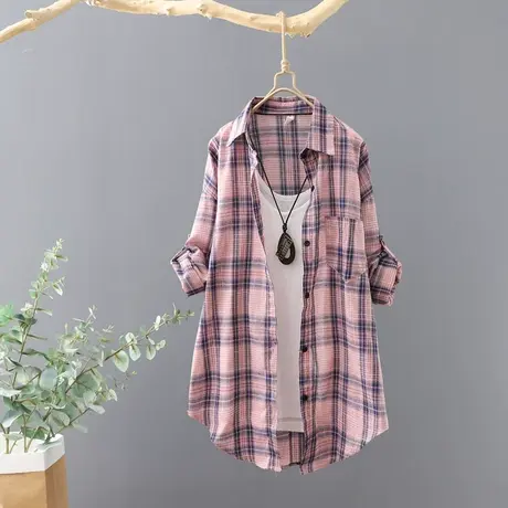 慵懒风格子长袖衬衫女秋装2024新品宽松休闲外套衬衣文艺开衫上衣商品大图