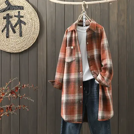 枫谜2021年秋冬季新款韩版加绒中长款格子衬衫女宽松加厚衬衣外套图片