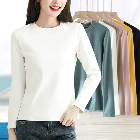 打底衫女秋冬内搭可外穿白色小圆领加厚重磅纯棉上衣贴身单件秋衣商品大图