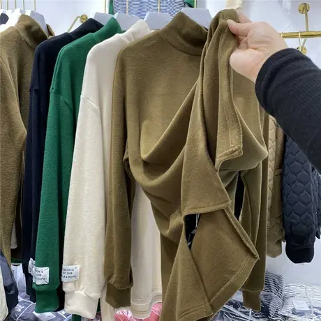 双面磨毛澳绒半高领T恤女秋冬厚实中长款内搭打底衫大码胖遮屁股商品大图