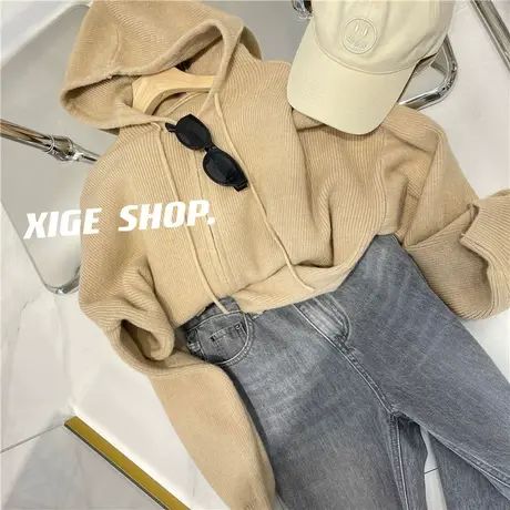 早春连帽针织外套女2023新款宽松百搭软糯休闲开衫慵懒风拉链毛衣商品大图