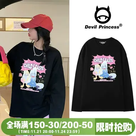 oversize韩版宽松黑色卡通港风t恤女2024新款小众学生长袖上衣潮商品大图