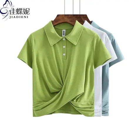 夏季立领不下摆纽结修身显瘦短袖纯色女装上衣网红款短款T恤高腰商品大图