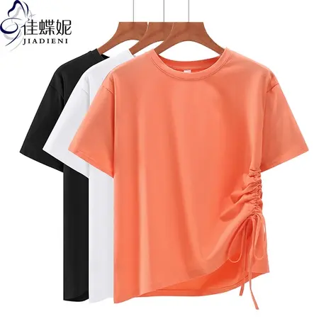 夏季新款韩版圆领宽松休闲抽绳中长款纯棉大码短袖体恤上衣内搭女商品大图