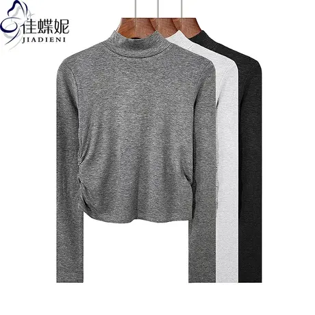 早秋新款半高领修身短款纯欲纯棉褶皱纯色长袖体恤上衣女打底衫商品大图
