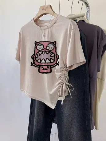 港味chic夏季闺蜜装t恤女休闲卡通短款上衣ins潮牌抽绳不规则短袖商品大图