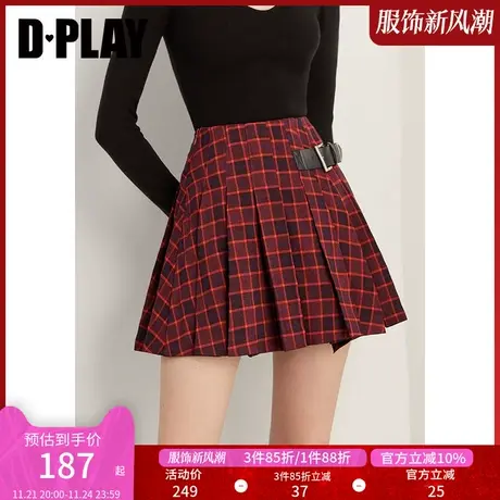DPLAY秋装学院风复古红黑格纹防走光裤里皮搭扣搭片百褶半裙图片