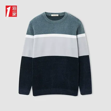 海一家保暖雪尼尔套头衫2023冬新款时尚条纹基础圆领长袖针织衫男商品大图
