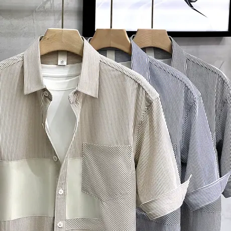 休闲日系中袖衬衣新款痞帅男装半袖高级感五分袖条纹短袖衬衫男潮商品大图