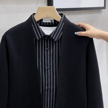 假两件毛衣开衫男体恤春秋季商务休闲韩版男装打底衫潮流针织外套商品大图