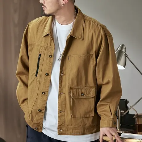 休闲男装经典鱼骨纹男士宽松夹克重磅绕织天然有机棉夹克外套男商品大图