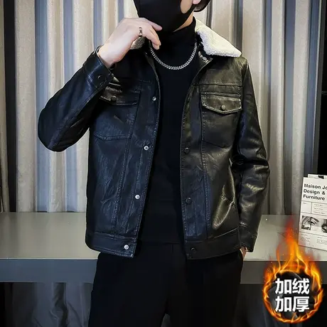 2023秋冬男士新款加绒外套加厚皮衣夹克韩版修身小外套潮流上衣男图片
