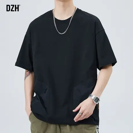 男士简约全棉t恤男短袖夏季潮牌宽松纯色半袖上衣黑色打底体恤衫商品大图