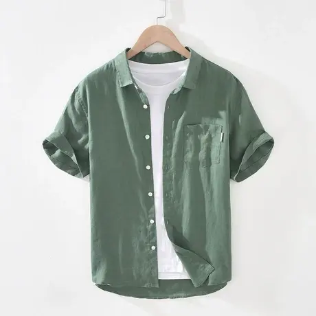 夏季短袖亚麻衬衫男士清新上衣宽松透气方领短袖衬衣图片