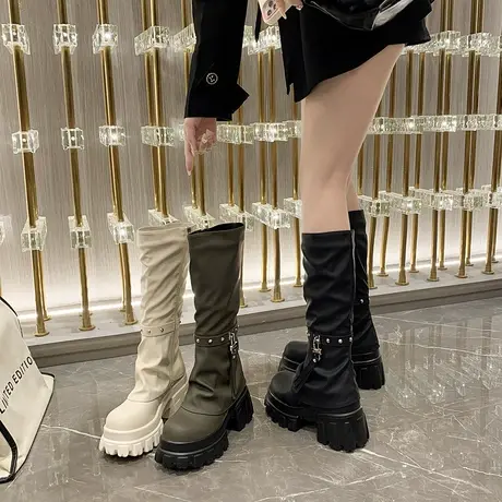 长筒靴女厚底2023新款秋冬小个子加绒高筒骑士靴高级感高跟裤管靴商品大图