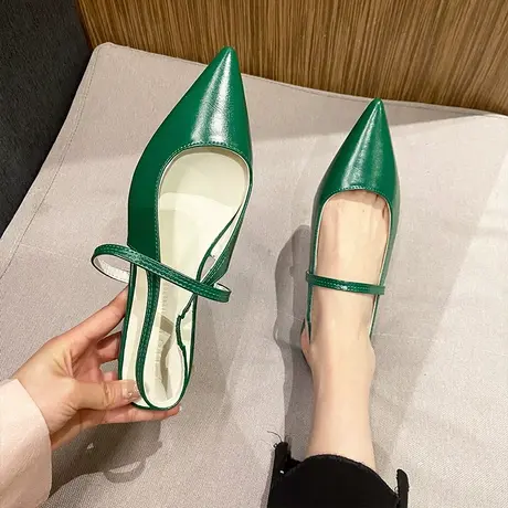 尖头凉鞋女2024年夏季新款一字绊带后空单鞋浅口仙女风职业平底鞋图片