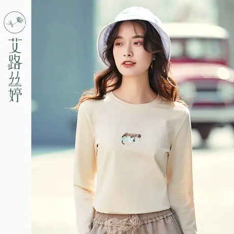 艾路丝婷刺绣长袖T恤女2021春装新款百搭圆领上衣韩版修身打底衫商品大图