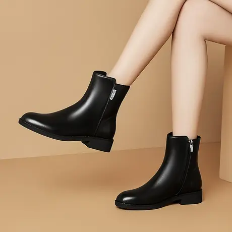 浓情漫宇冬季新款头层牛皮时装短靴保暖真皮短靴粗跟舒适百搭女靴图片