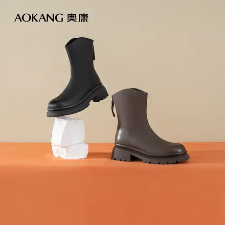 奥康女鞋 冬季新款英伦风后拉链显瘦V口瘦瘦靴韩版女士短靴子商品大图