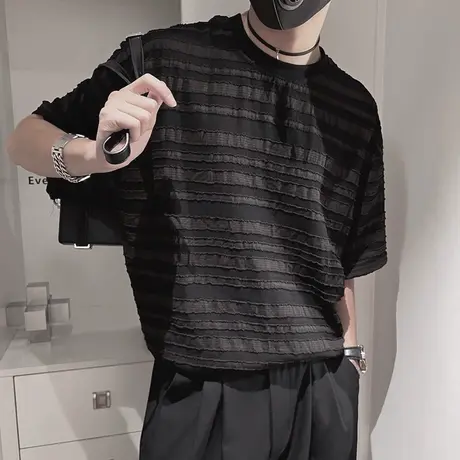 夏季男t恤短袖宽松半袖潮流潮牌薄款透气半截袖小众条纹设计体恤商品大图