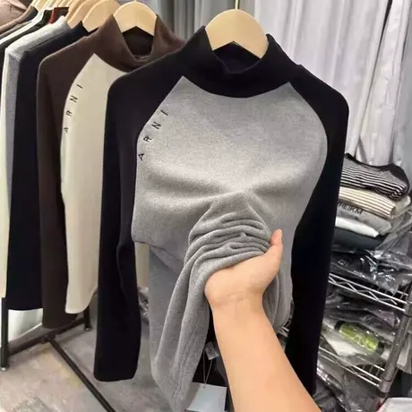 撞色刺绣长袖T恤女秋冬双面德绒加绒加厚大衣内搭打底衫高领上衣商品大图