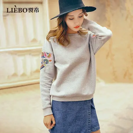 裂帛春新民族刺绣简约休闲套头圆领软糯卫衣女百搭设计感长袖上衣商品大图