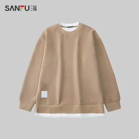 三福2023冬季男士假两件重磅卫衣 时尚韩系宽松圆领上衣480802商品大图