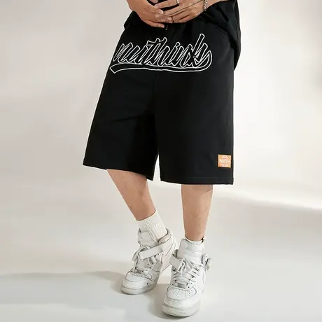 Nuthink美潮夏季刺绣字母短裤宽松oversize高街五分运动裤中性风商品大图
