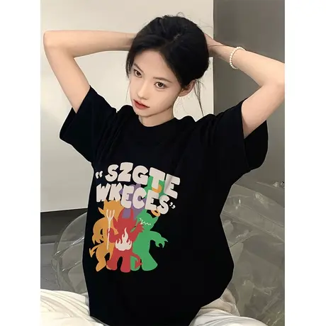 纯棉重磅美式复古短袖t恤女夏季宽松国潮牌ins设计感港味chic上衣商品大图