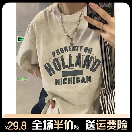 纯棉设计感短袖t恤女2024新款春夏季潮牌宽松慵懒风港味chic上衣商品大图