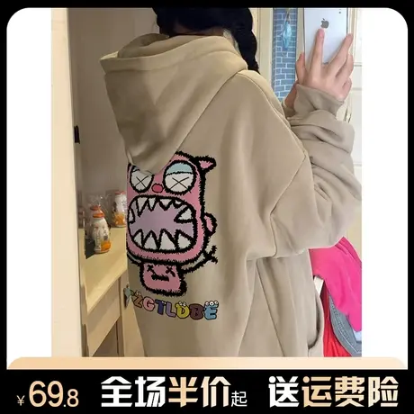 oversize连帽重磅美式印花卫衣女秋冬加绒加厚宽松韩系慵懒风外套图片