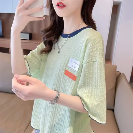 设计感小众小个子短袖t恤女夏季韩版宽松大码女装半袖撞色上衣服图片