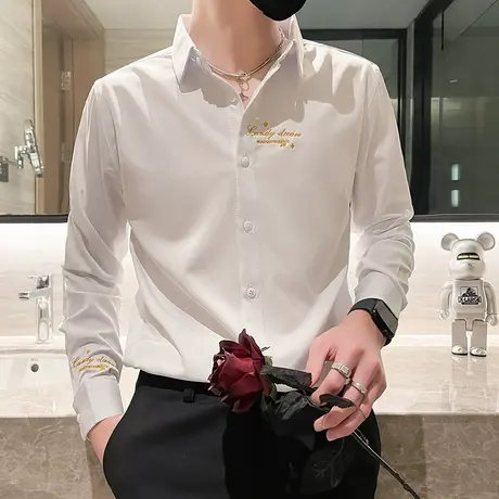 春秋季简约刺绣字母设计感韩版修身长袖衬衫发型师个性INS衬衣商品大图