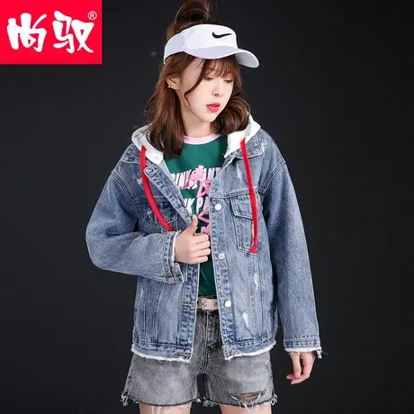 尚驭外套女牛仔衣中短款2023流行外套宽松破洞工装连帽长袖女夹克图片