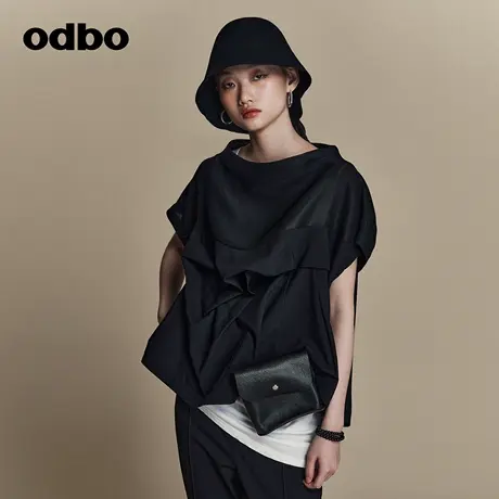 odbo/欧迪比欧原创设计感小众一字领拼接黑色T恤女夏季2023年新款图片